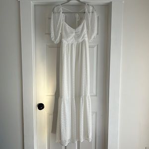 White polka dot puff sleeve maxi dress